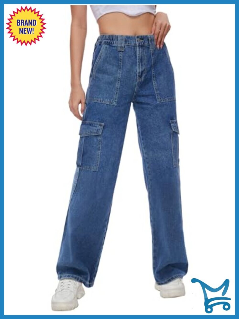 Cargo Jeans Straight Leg Mid Rise Relaxed Fit Stretch Denim Pants